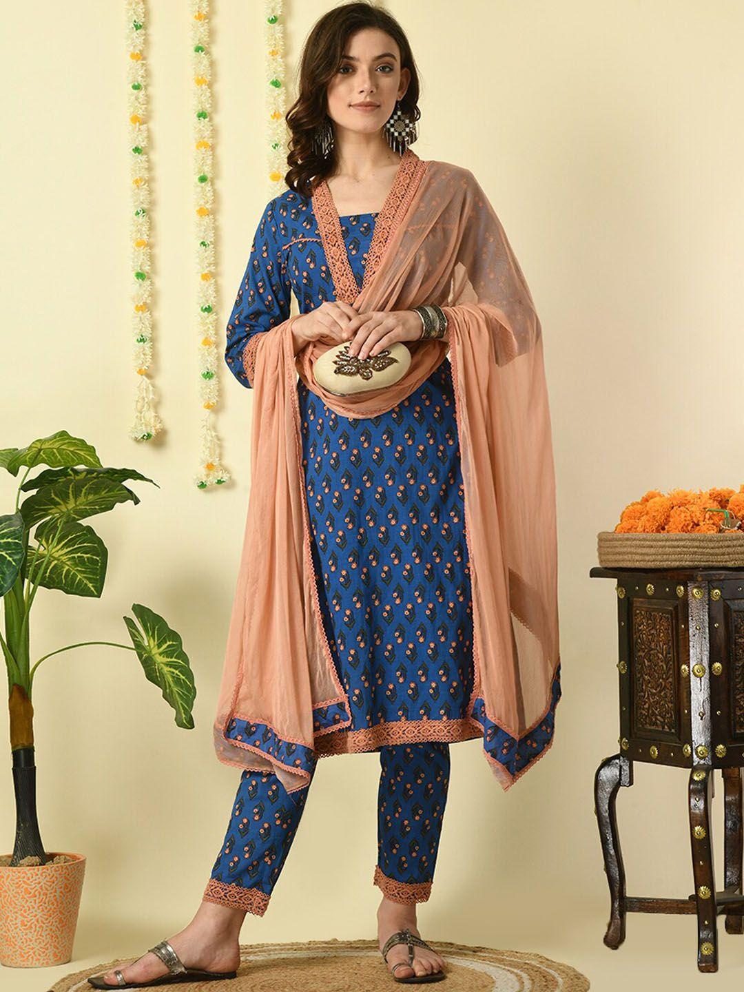 kalini ethnic motifs printed v-neck straight cotton kurta & trousers with dupatta