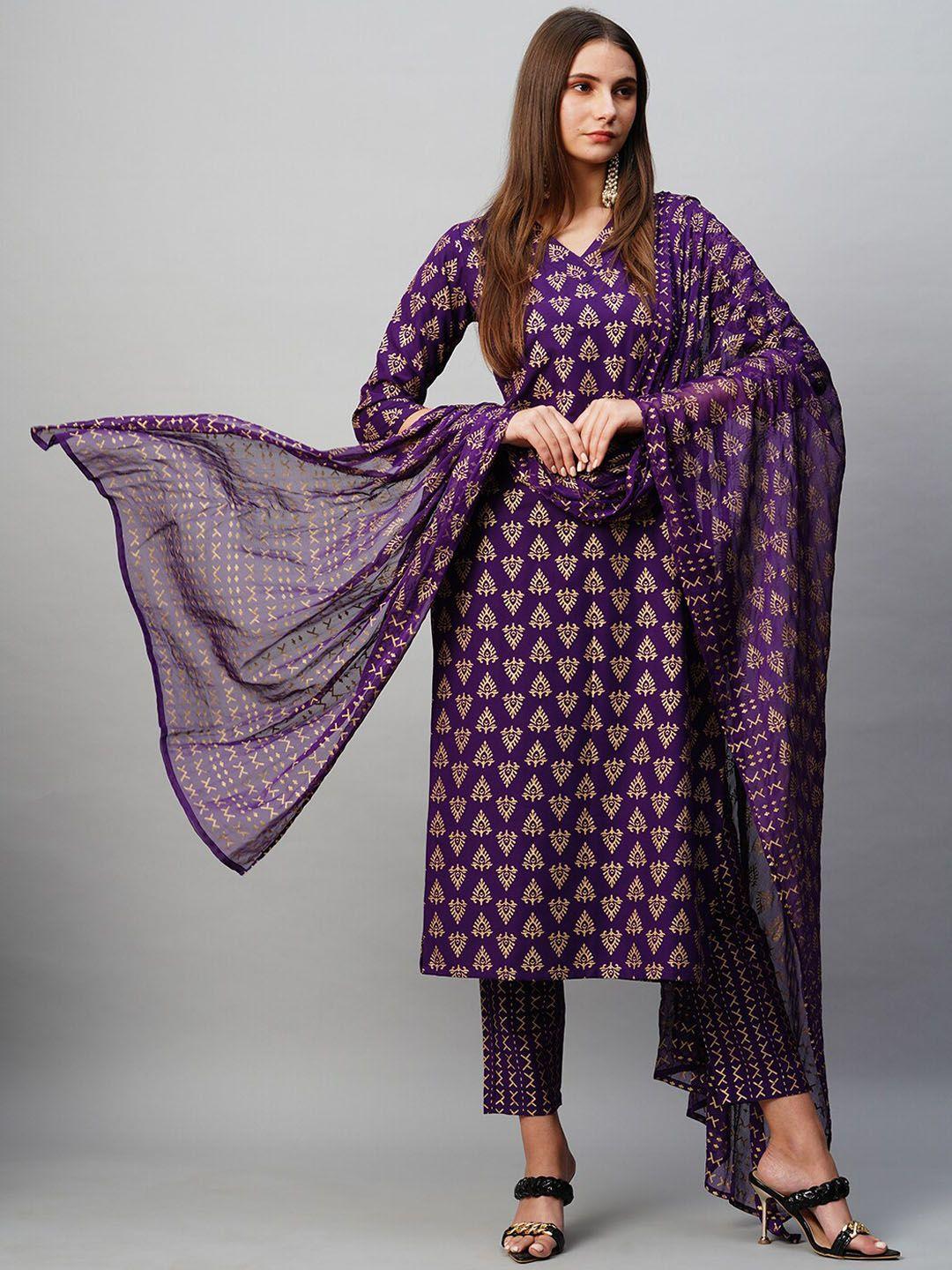 kalini ethnic motifs printed v-neck straight kurta & trousers with dupatta