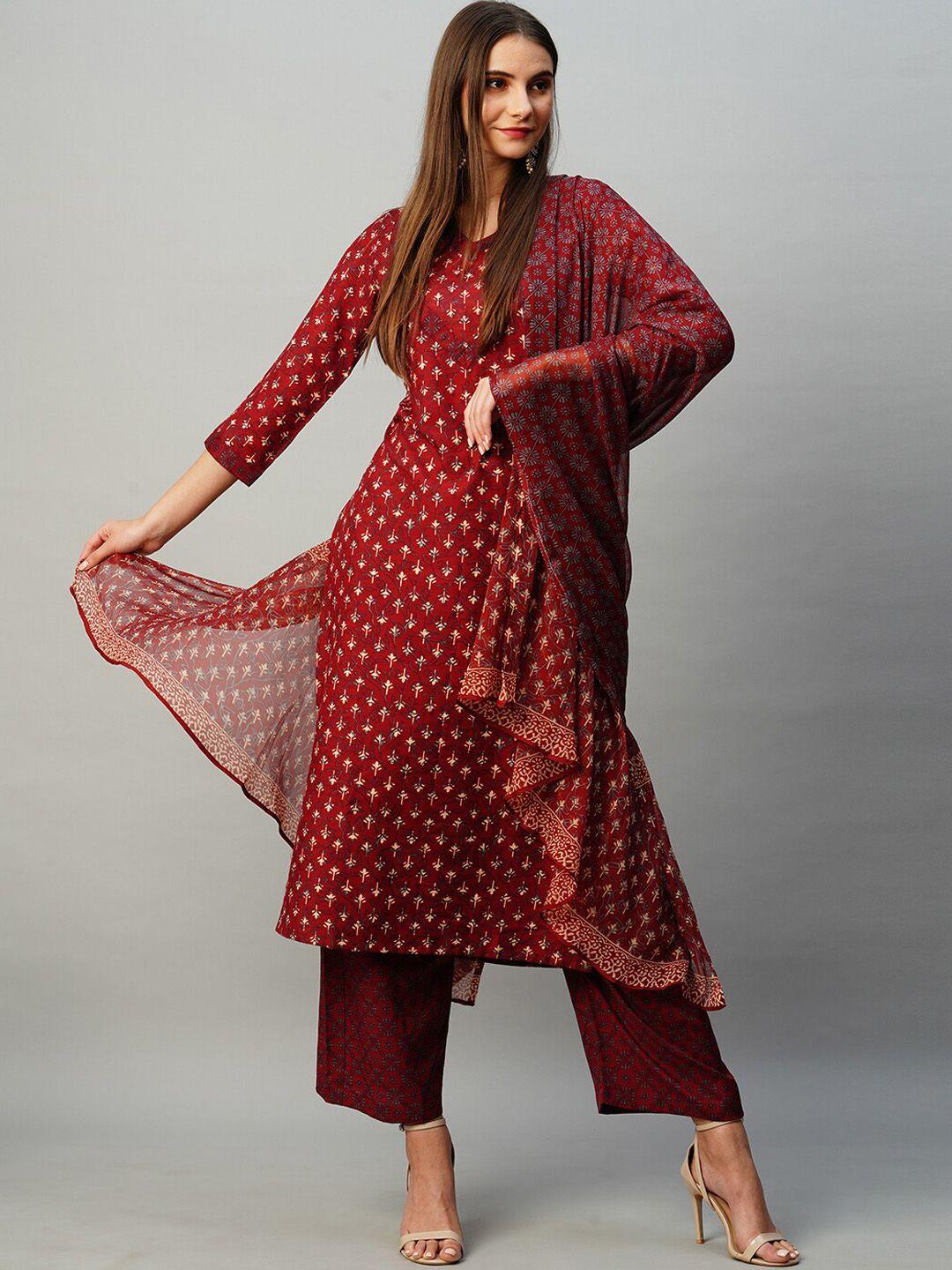 kalini ethnic motifs printed v-neck straight kurta with palazzos & with dupatta