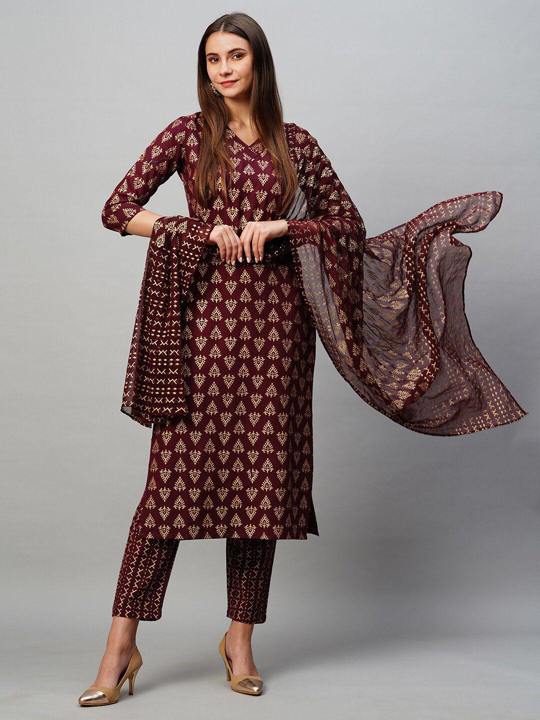 kalini ethnic motifs printed v-neck straight regular kurta with trousers & dupatta