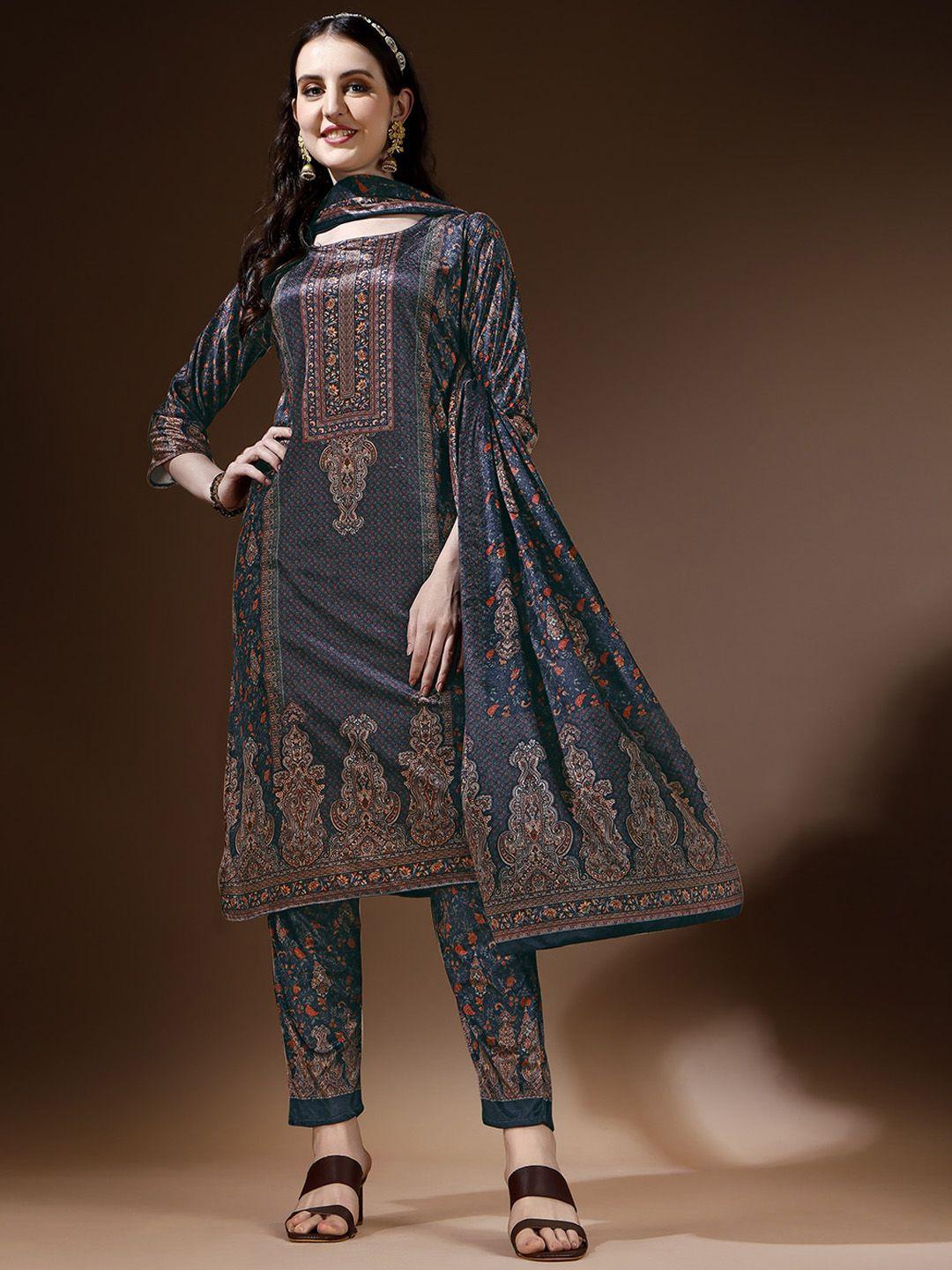 kalini ethnic motifs printed velvet kurta & trousers with dupatta