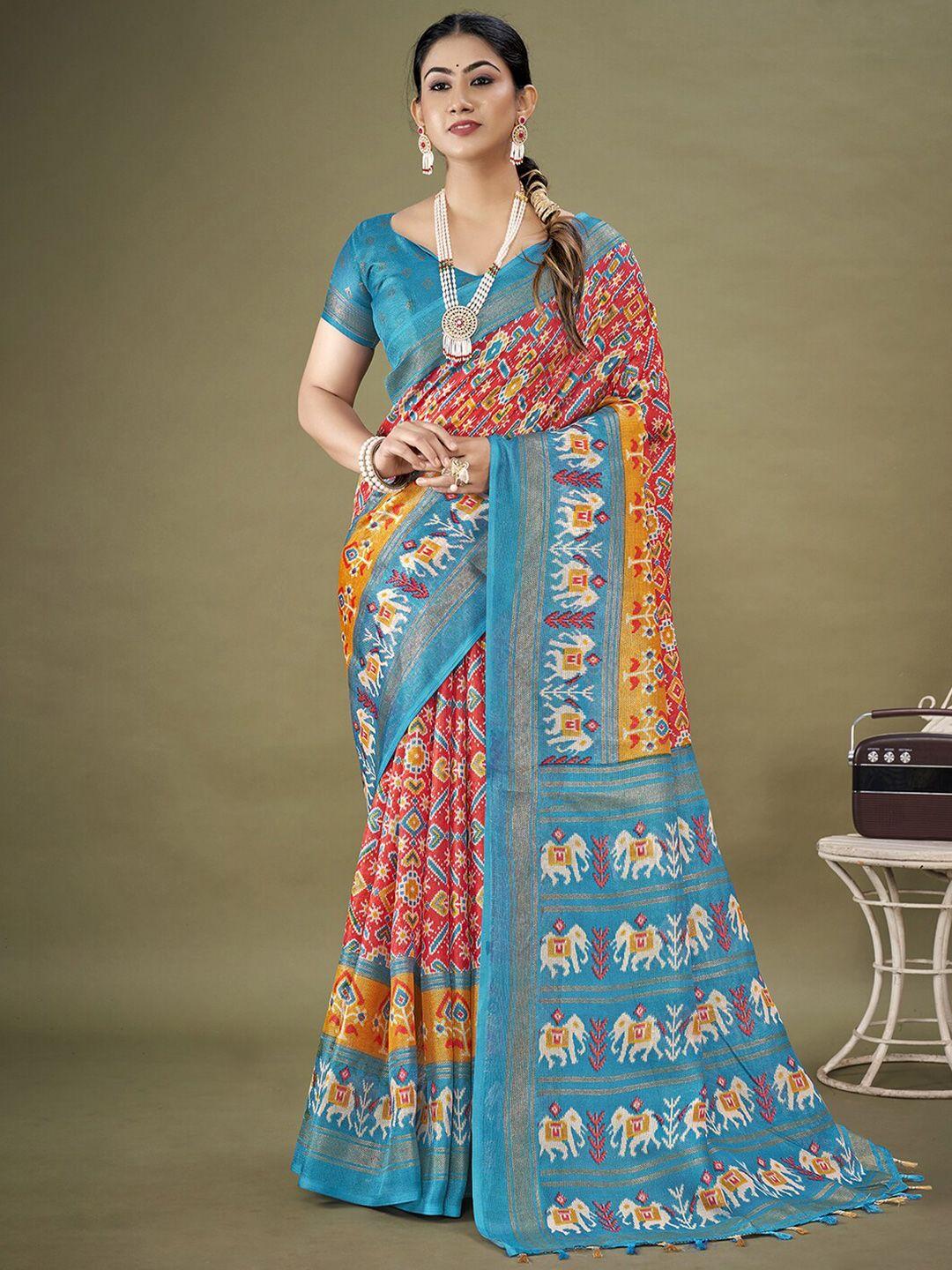 kalini ethnic motifs printed zari jute silk patola saree