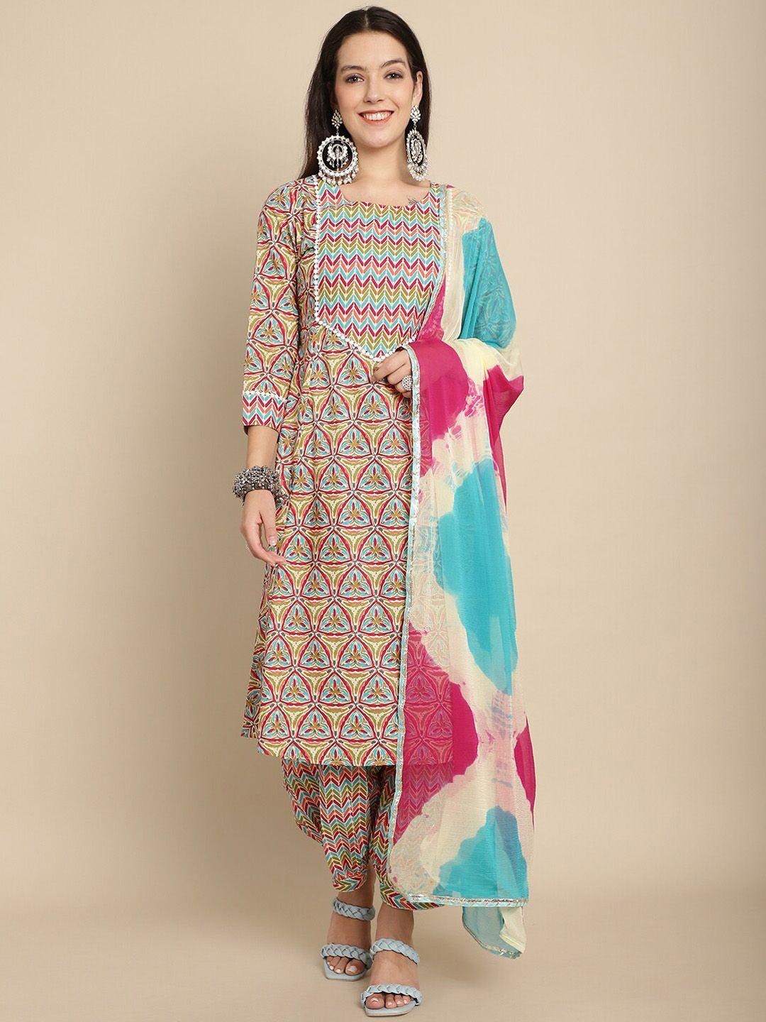 kalini ethnic motifs round neck pure cotton kurta with salwar & with dupatta