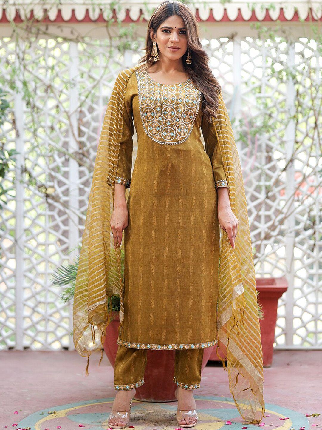 kalini ethnic motifs yoke design gotta patti detail straight kurta with trousers & dupatta