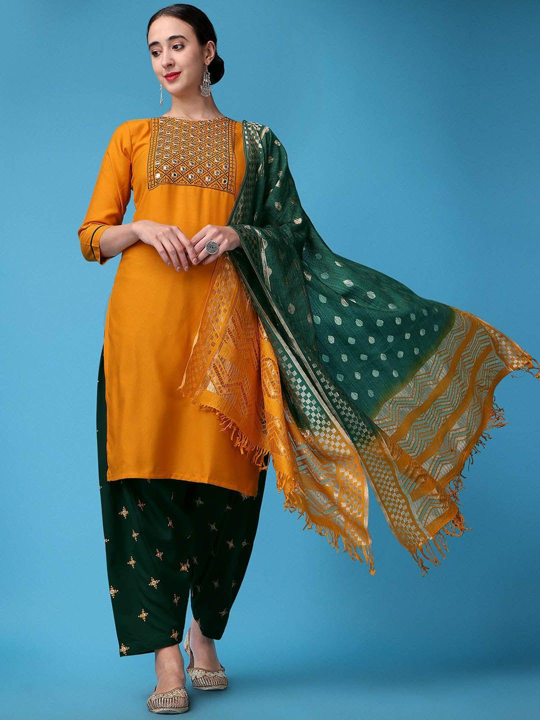 kalini ethnic motifs yoke design mirror work kurta with patiala & with dupatta