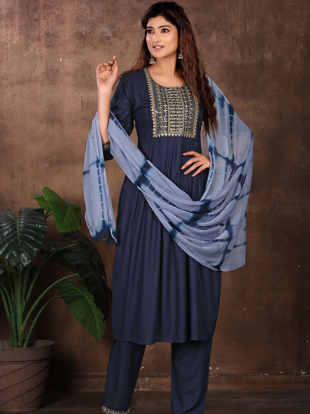 kalini ethnic motifs yoke design pleated sequined work kurta with trousers and dupatta