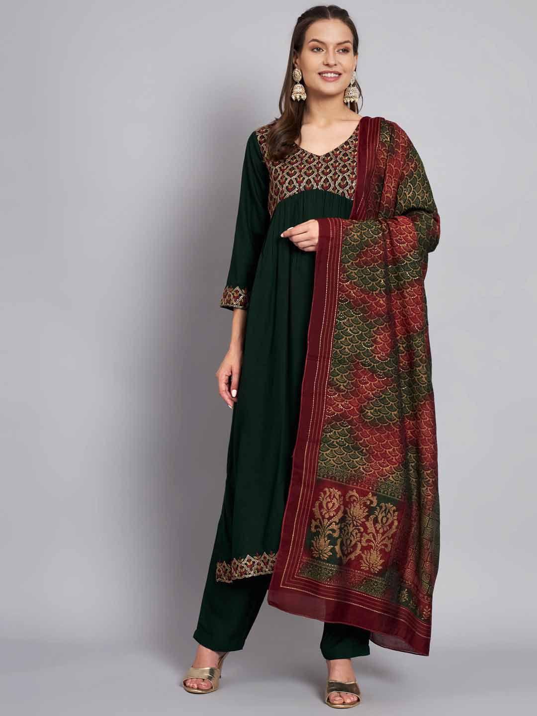 kalini ethnic motifs yoke design pleated sequinned kurta & trousers with dupatta