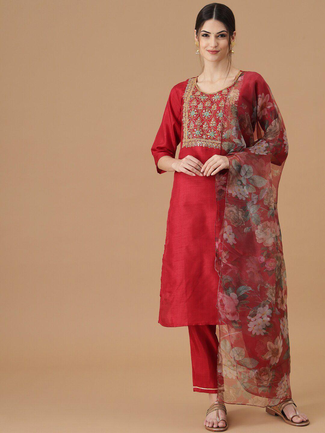 kalini ethnic motifs yoke design regular thread work kurta with trousers & with dupatta