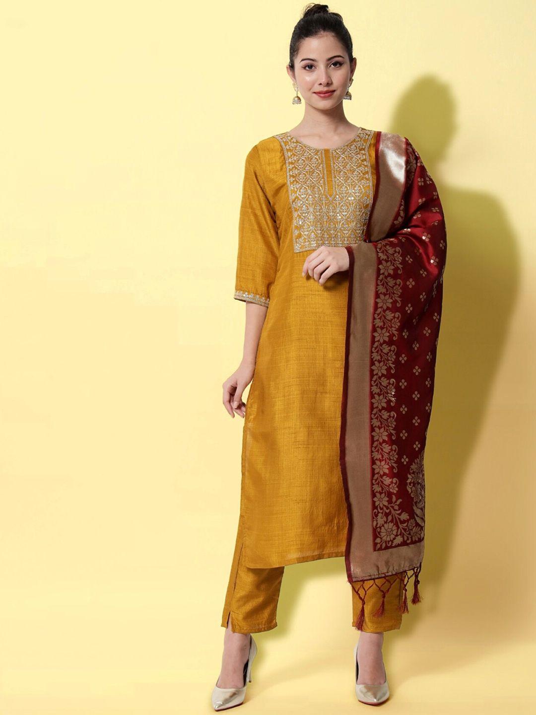 kalini ethnic motifs yoke design regular thread work kurta with trousers & with dupatta