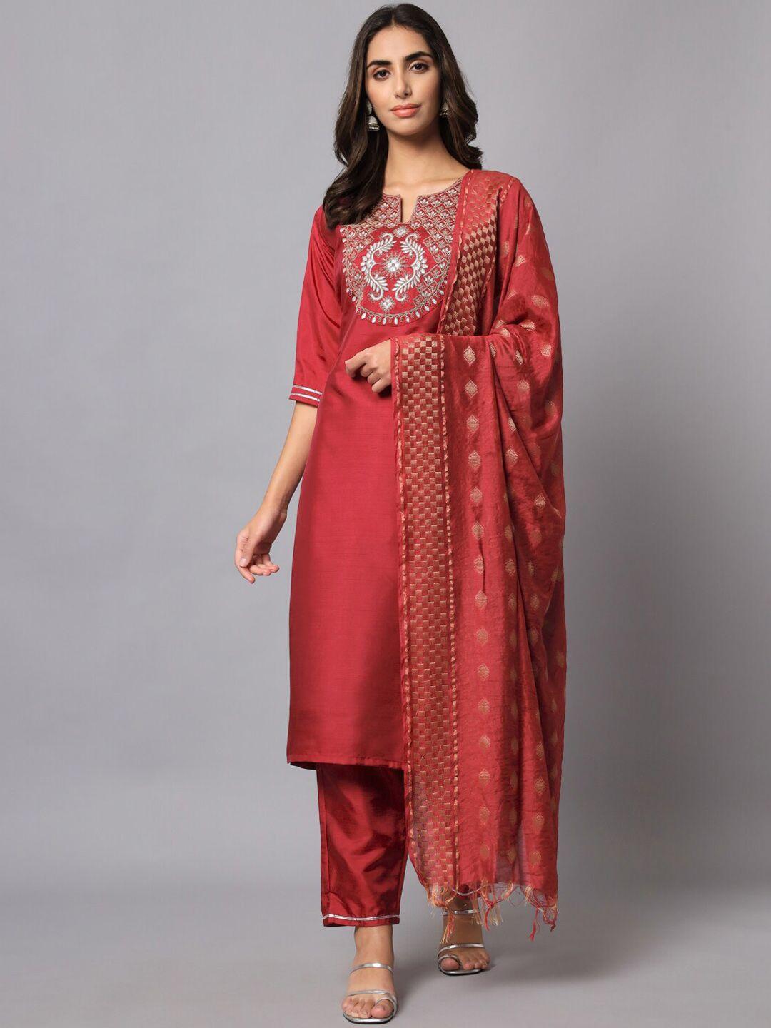 kalini ethnic motifs yoke design regular zardozi kurta with trousers & with dupatta