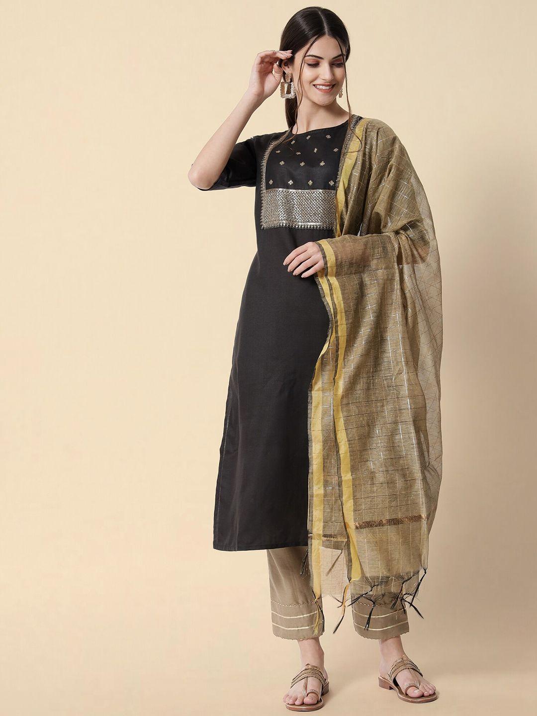 kalini ethnic motifs yoke design sequinned pure cotton kurta with trousers & dupatta