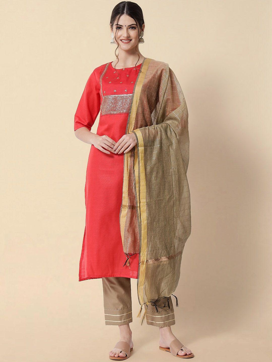 kalini ethnic motifs yoke design sequinned pure cotton kurta with trousers & with dupatta