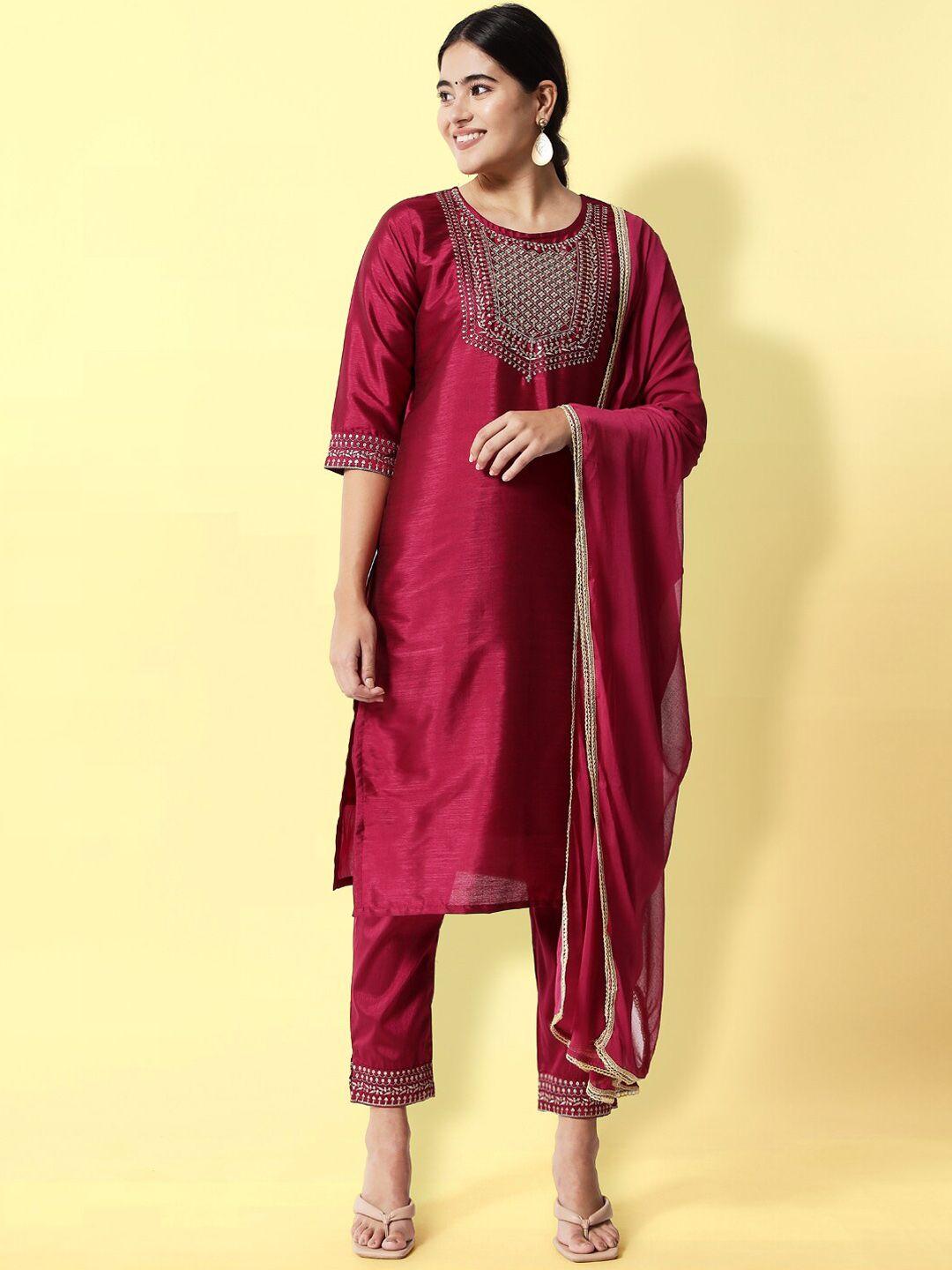 kalini ethnic motifs yoke design sequinned regular kurta with trousers & with dupatta