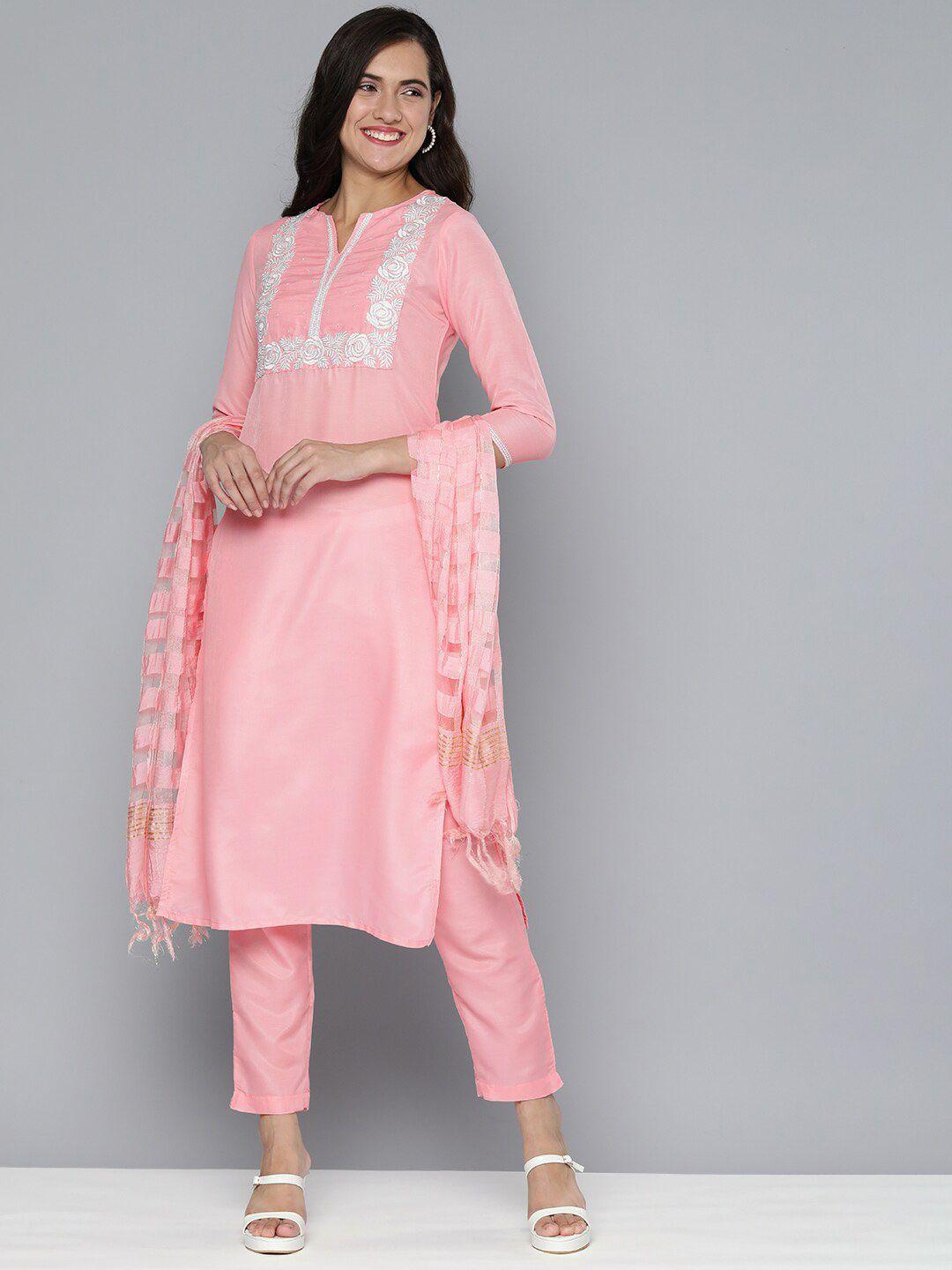 kalini ethnic motifs yoke design sequinned straight kurta with trousers & dupatta