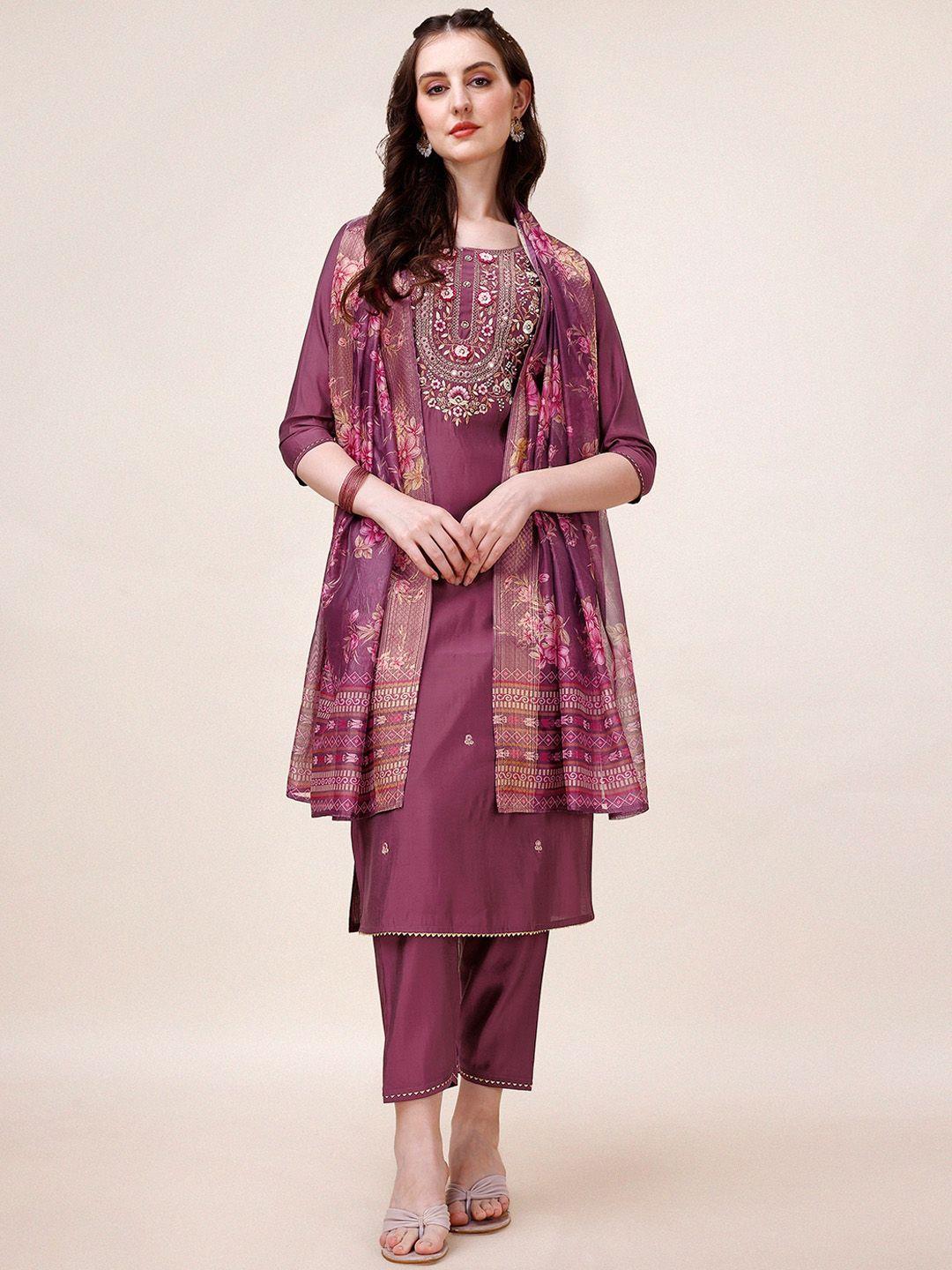 kalini ethnic motifs yoke design thread work chanderi cotton kurta with trousers & dupatta