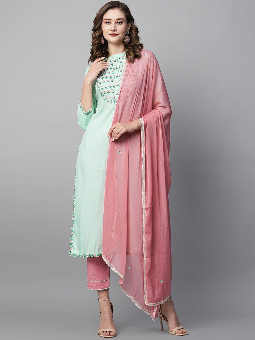 kalini ethnic motifs yoke design thread work cotton straight kurta & trousers with dupatta