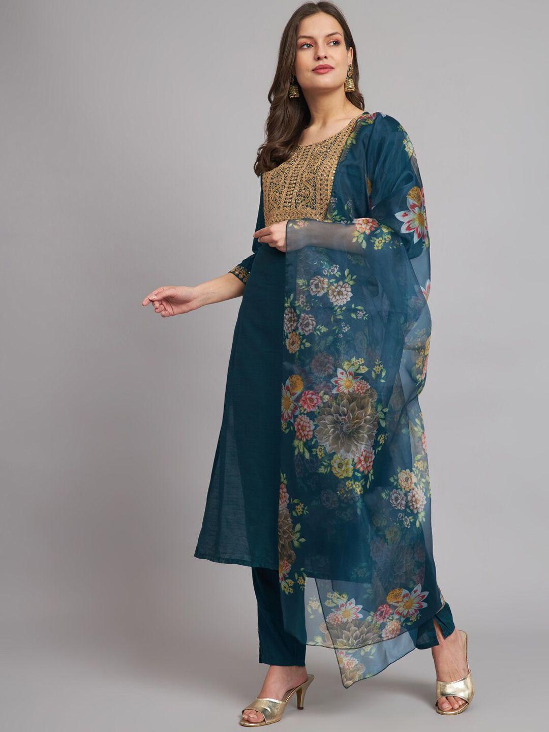 kalini ethnic motifs yoke design thread work straight kurta & trousers & with dupatta