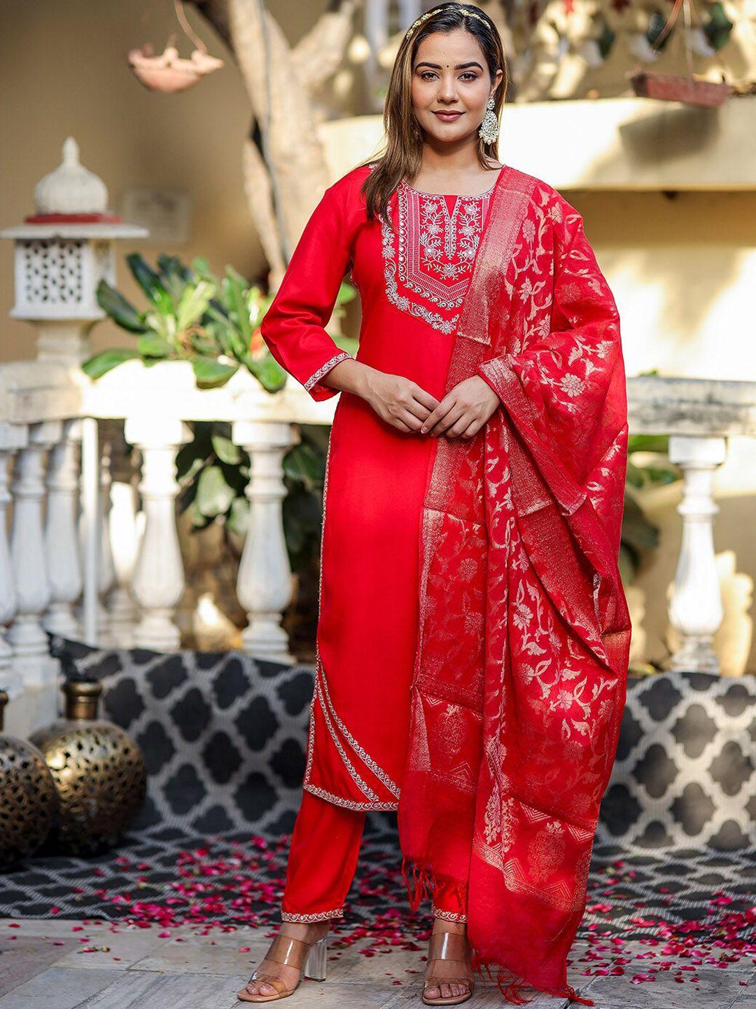 kalini ethnic motifs yoke design thread work straight kurta & trousers with dupatta