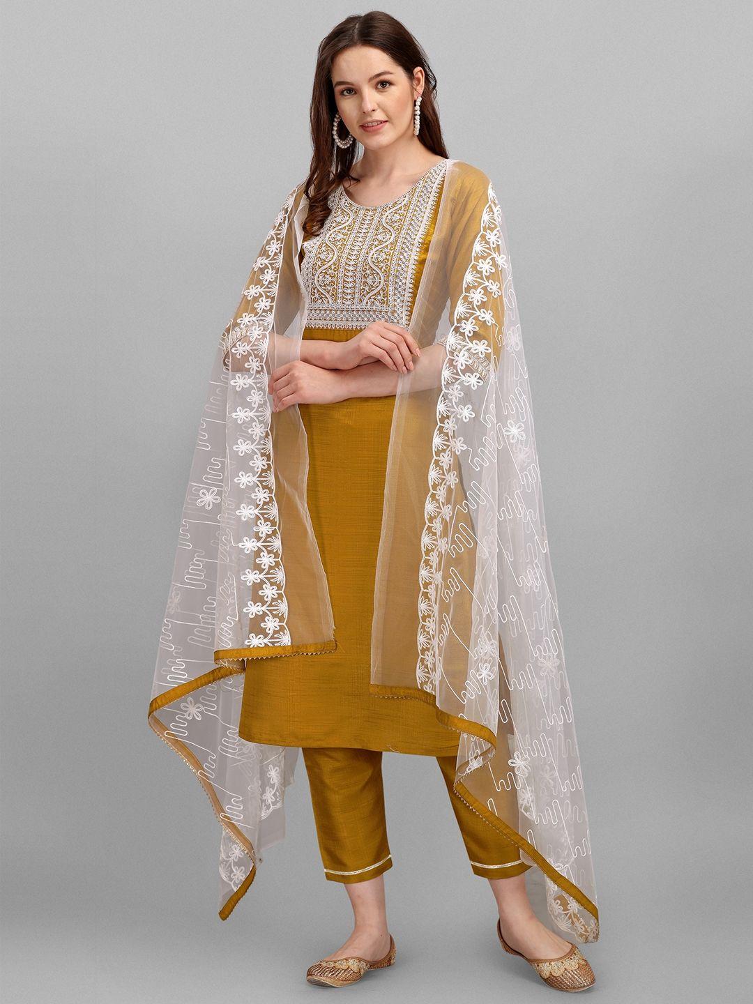 kalini ethnic motifs yoke design thread work straight kurta with trousers & dupatta