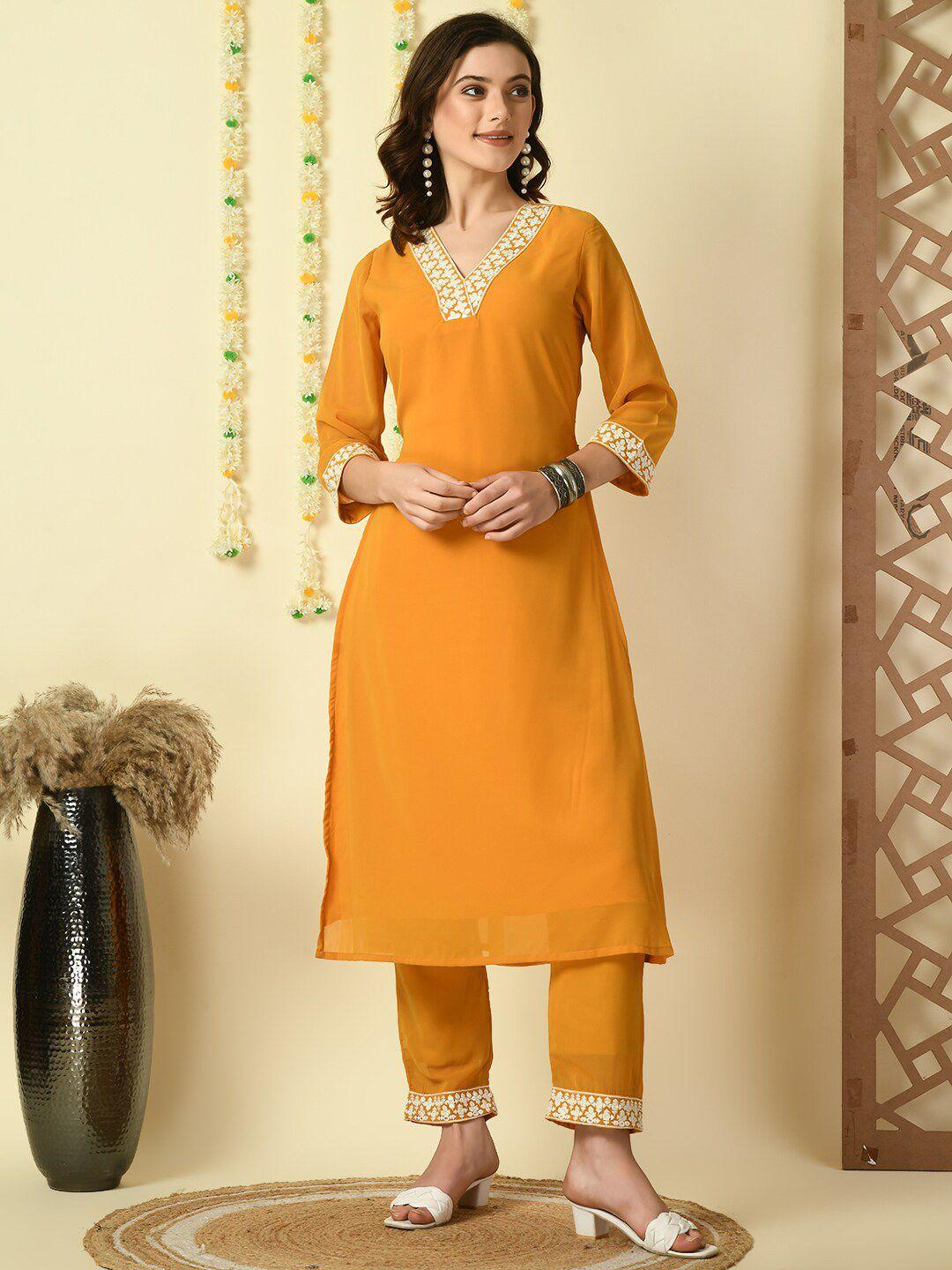 kalini ethnic motifs yoke design thread work v-neck georgette kurta with trousers