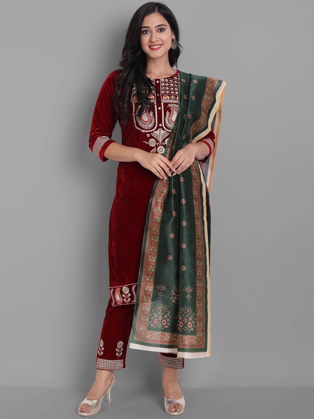 kalini ethnic motifs yoke design thread work velvet straight kurta & trousers with dupatta