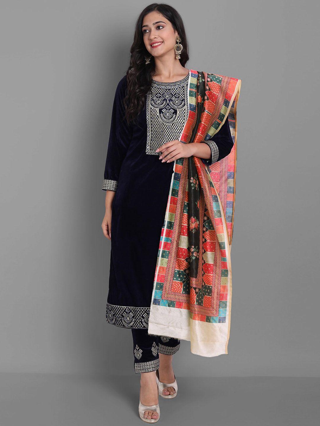 kalini ethnic motifs yoke design thread work velvet straight kurta & trousers with dupatta