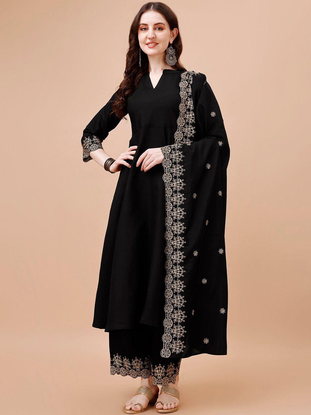 kalini ethnic motifs zari embroidered band collar anarkali kurta with palazzo & dupatta