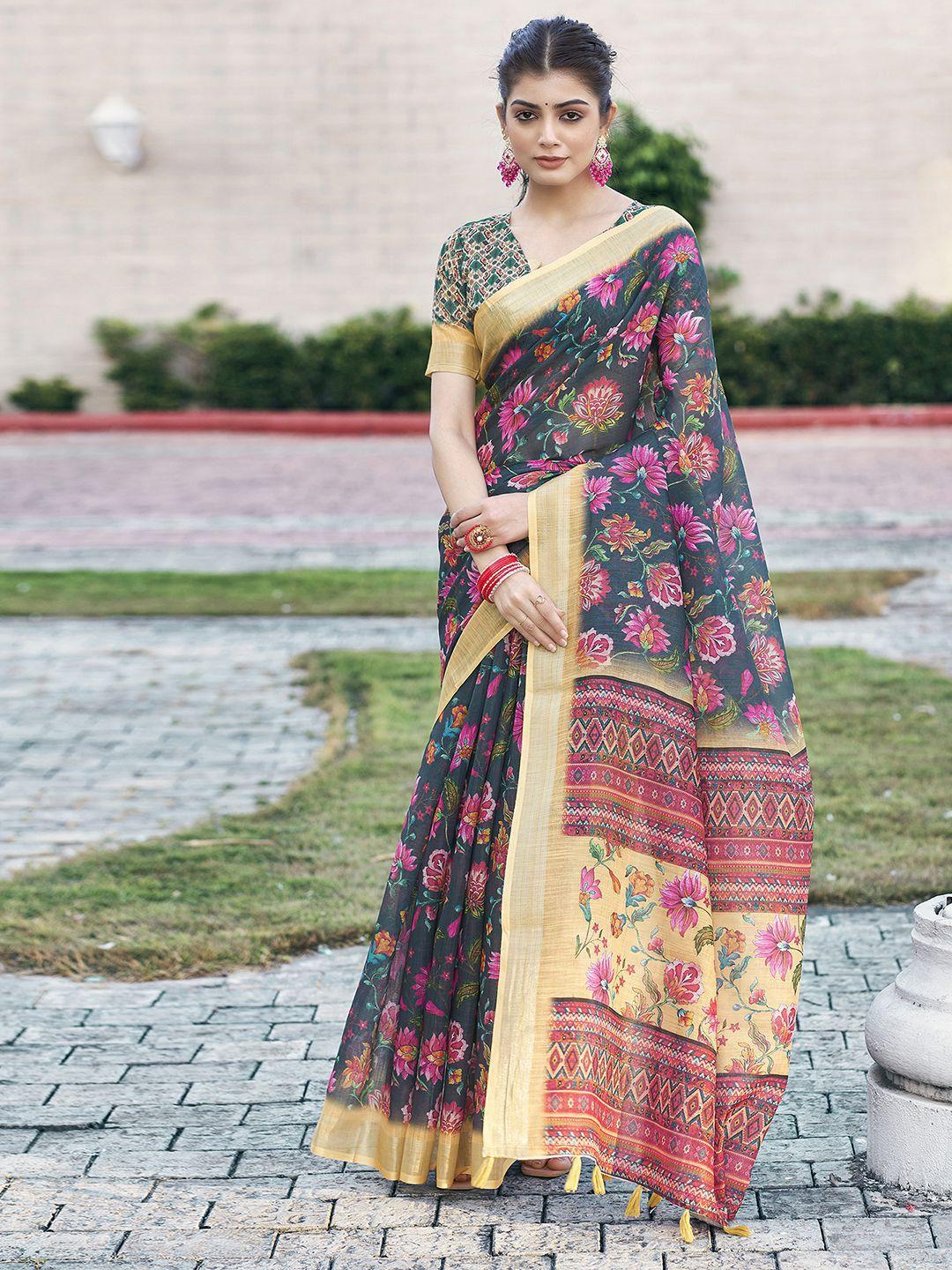 kalini ethnic motifs zari linen blend saree