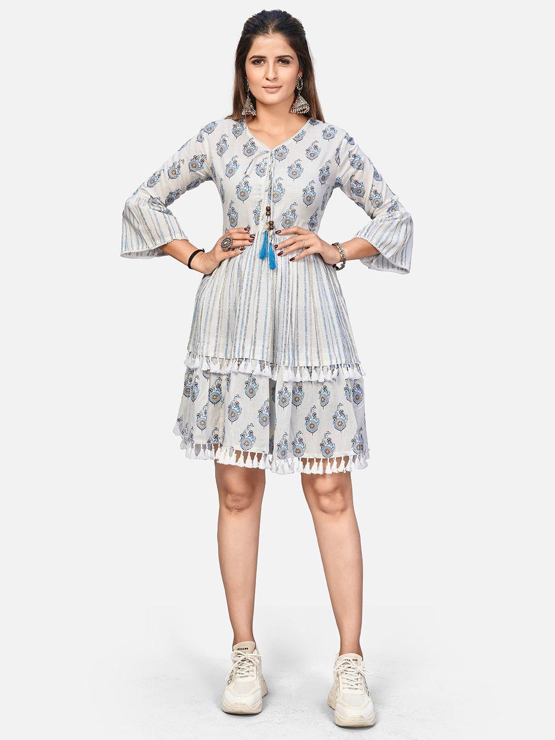 kalini ethnic printed bell sleeves tie-up detail tiered cotton a-line dress