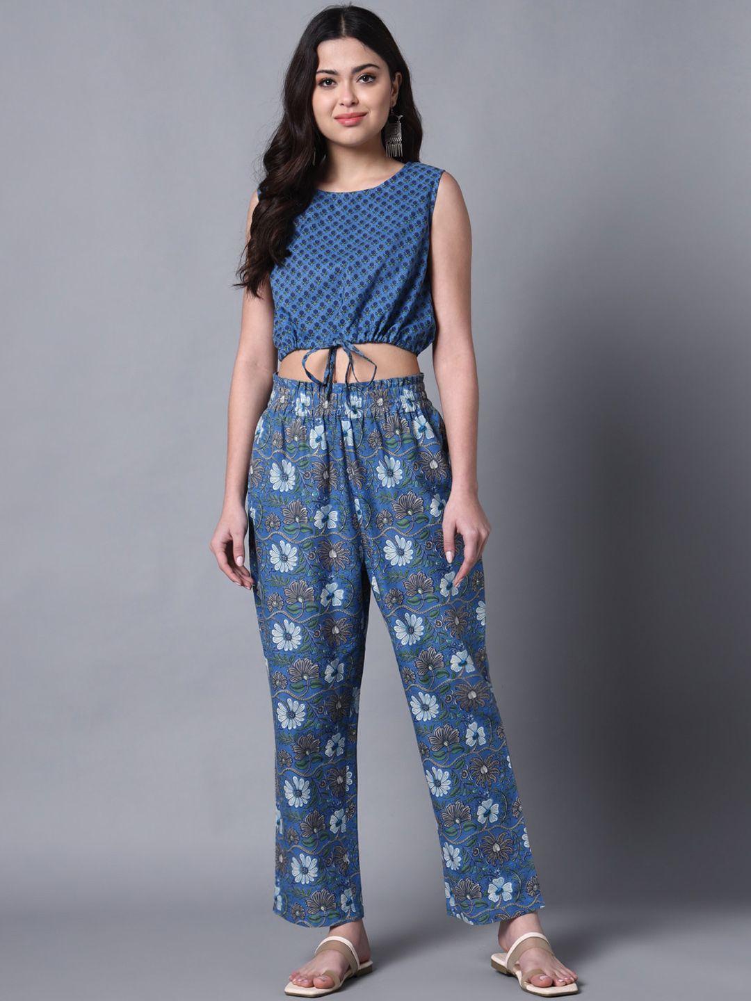 kalini ethnic printed round neck sleeveless crop top with trousers