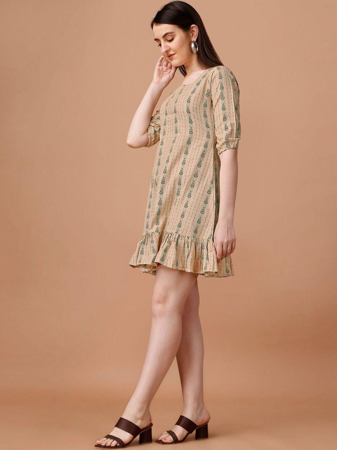 kalini ethnic printed square neck flounce cotton a-line mini dress