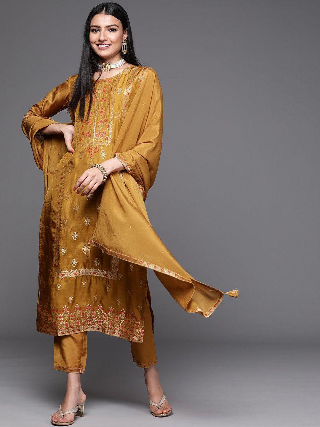 kalini ethnic printed straight thread work kurta with trousers & dupatta