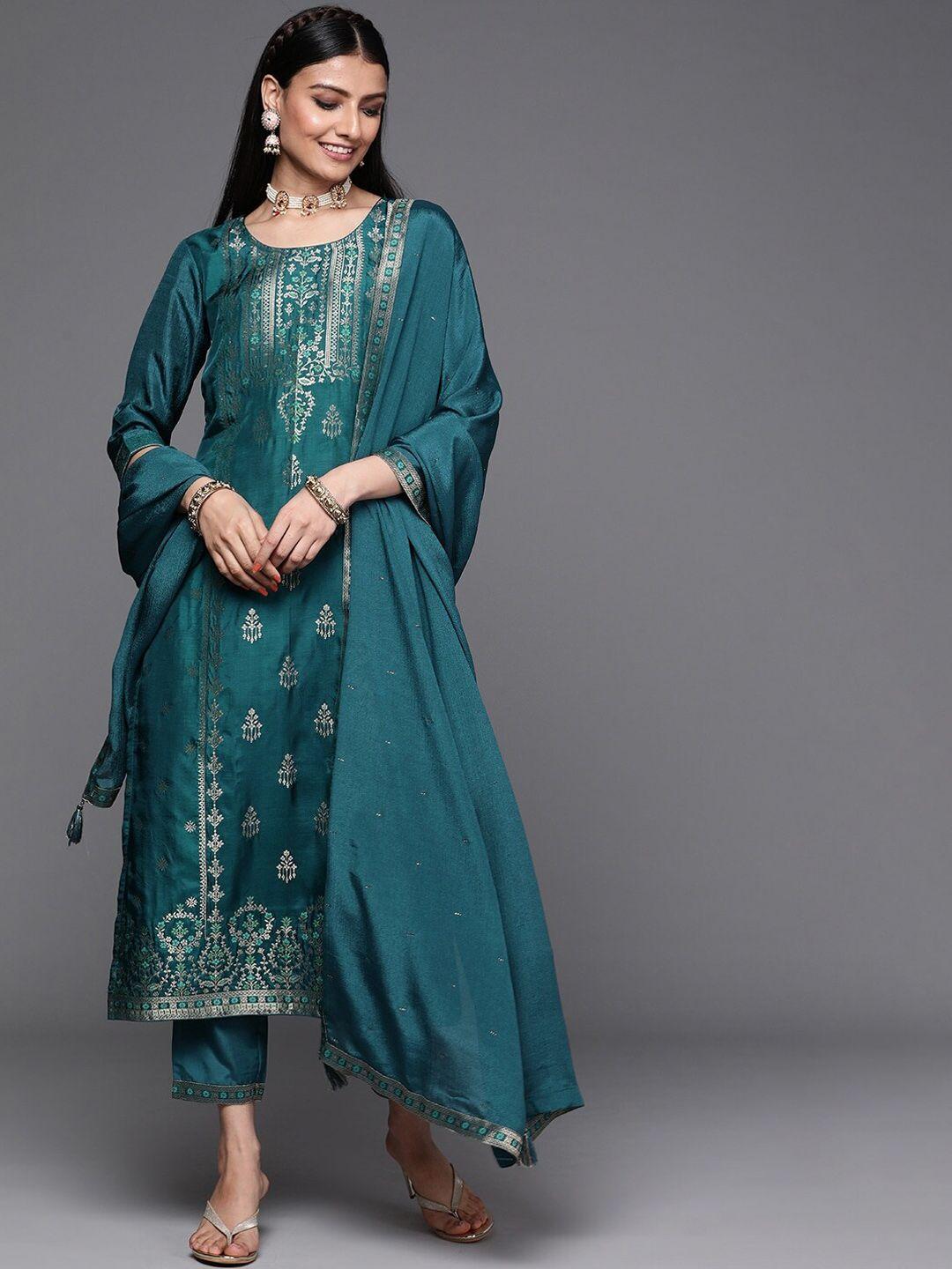 kalini ethnic printed thread work straight kurta with trousers & dupatta