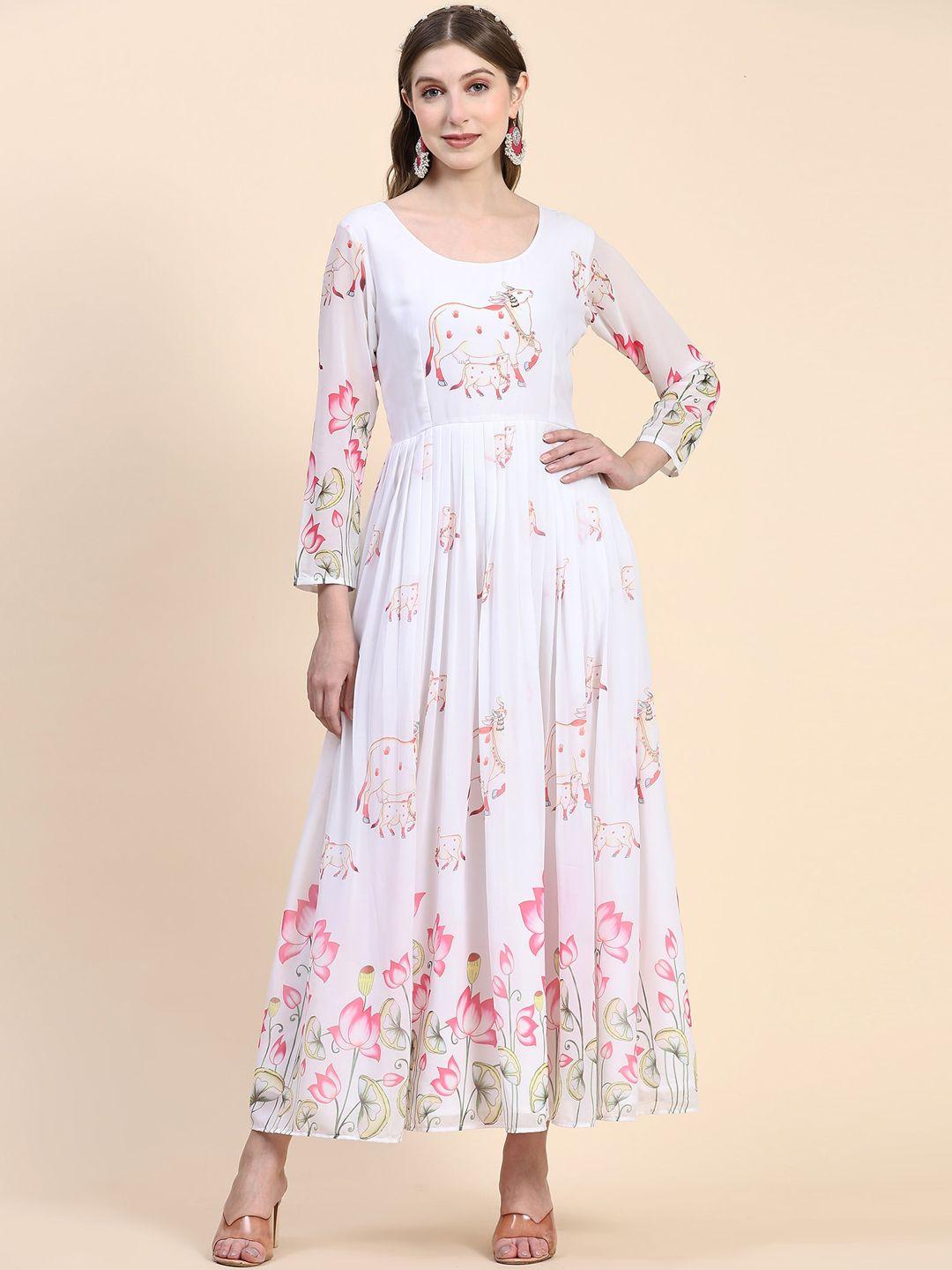 kalini floral & cow printed fit & flare georgette ethnic dresses