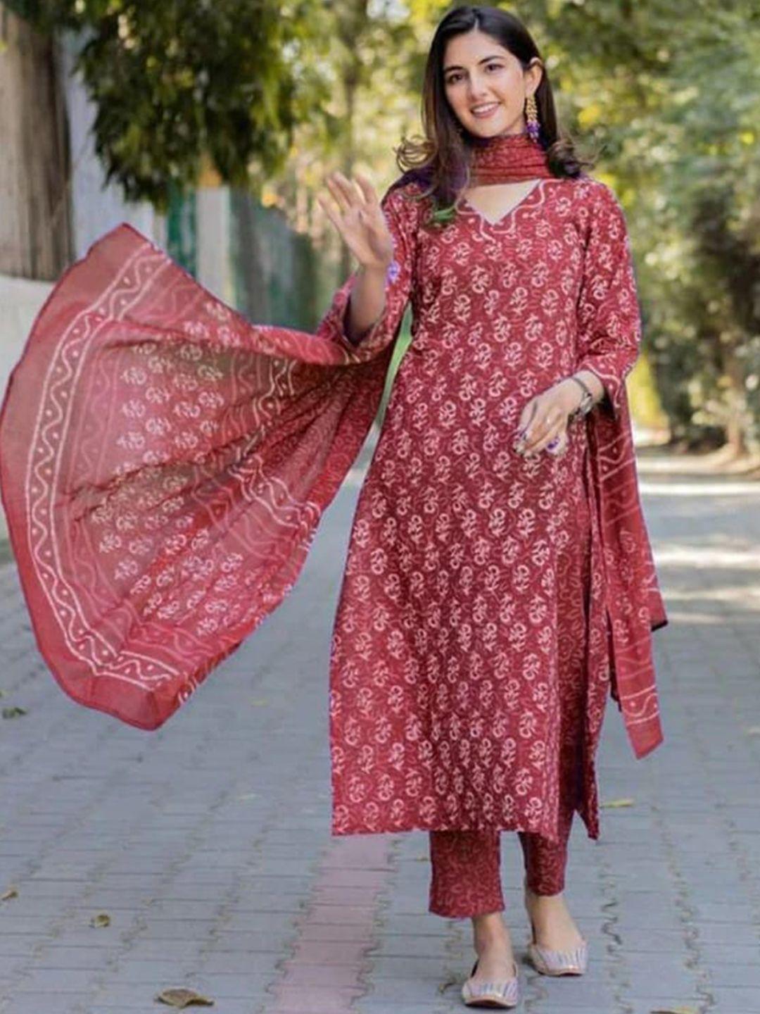 kalini floral block printed straight pure cotton kurta with trousers & dupatta