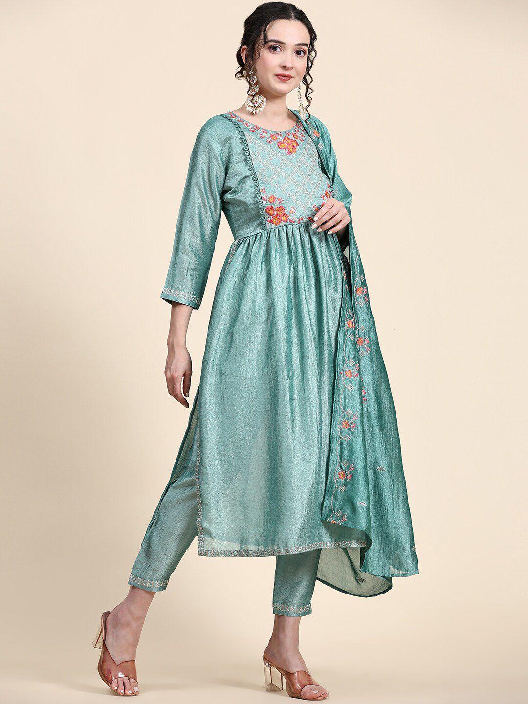 kalini floral embroidered a line kurta with trousers & dupatta