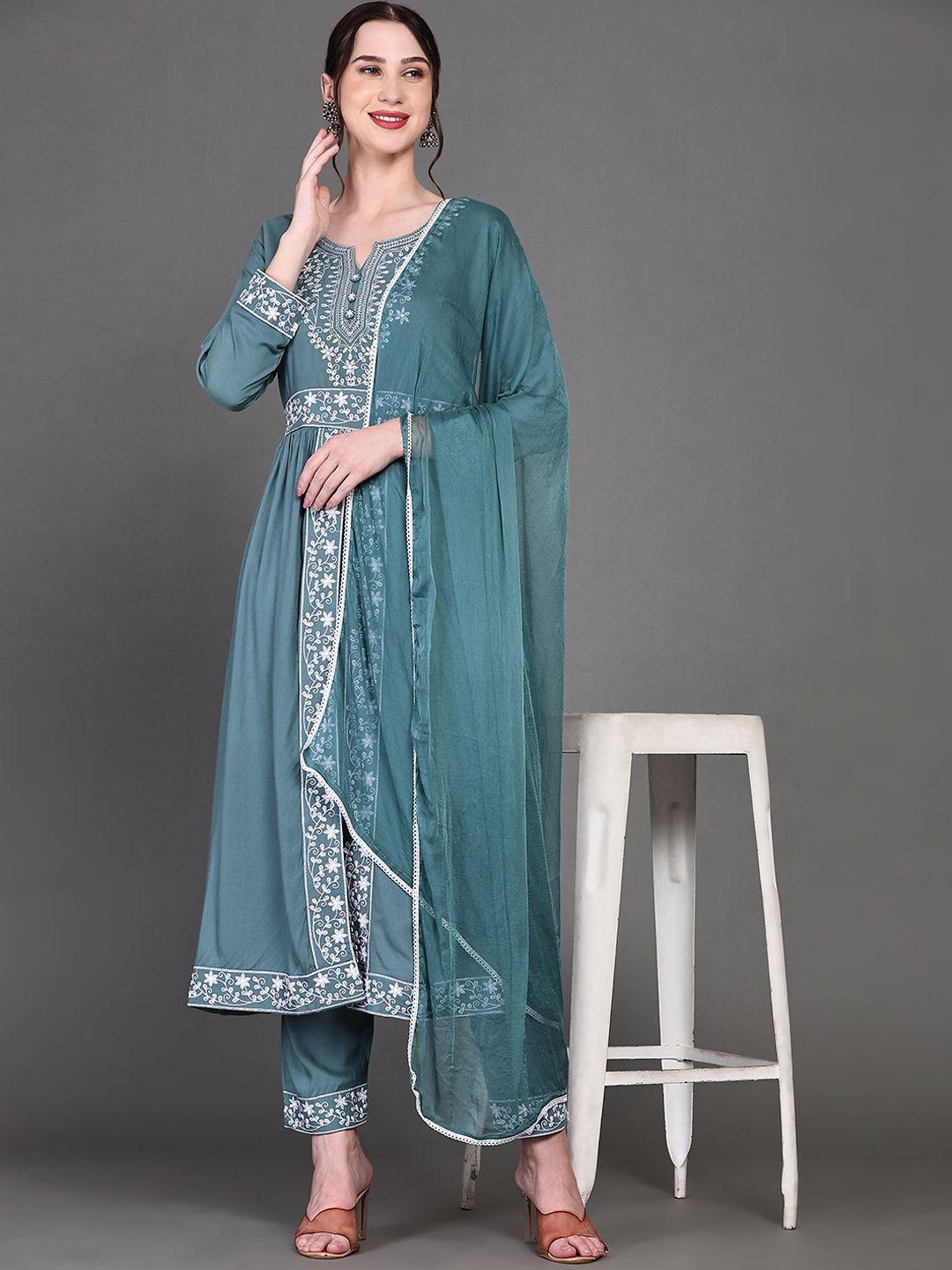 kalini floral embroidered a-line kurta with trousers & dupatta