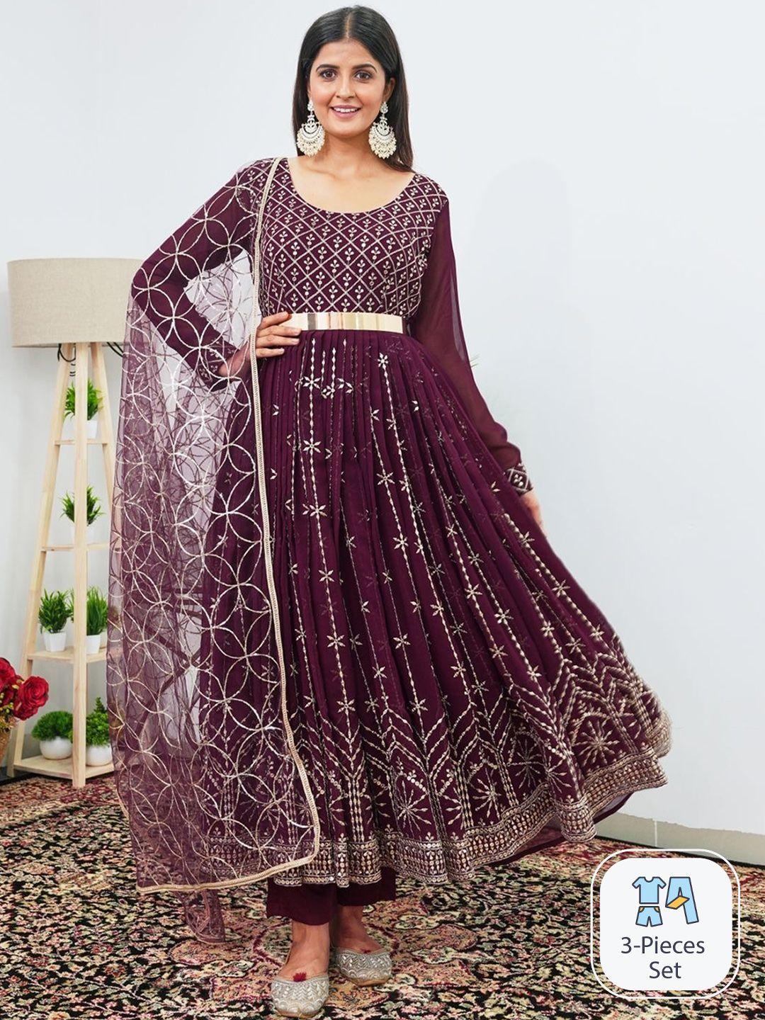 kalini floral embroidered anarkali kurta & trousers with dupatta