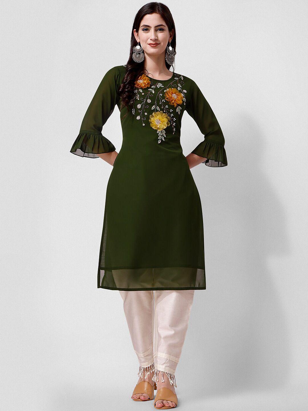 kalini floral embroidered beads and stones bell sleeves regular kurta with trousers