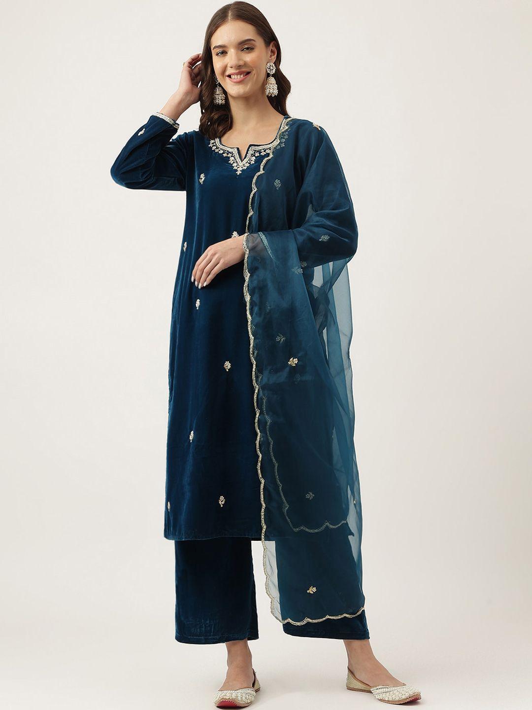 kalini floral embroidered beads and stones velvet kurta with palazzos & dupatta