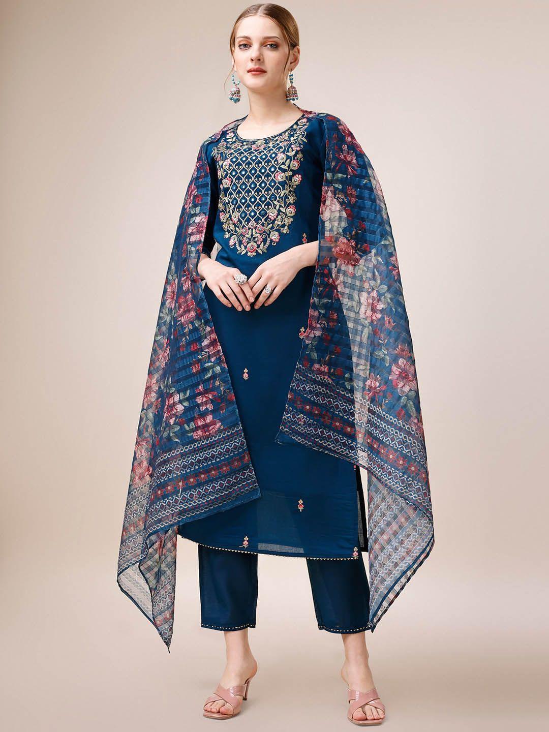 kalini floral embroidered chanderi cotton kurta & trousers with dupatta