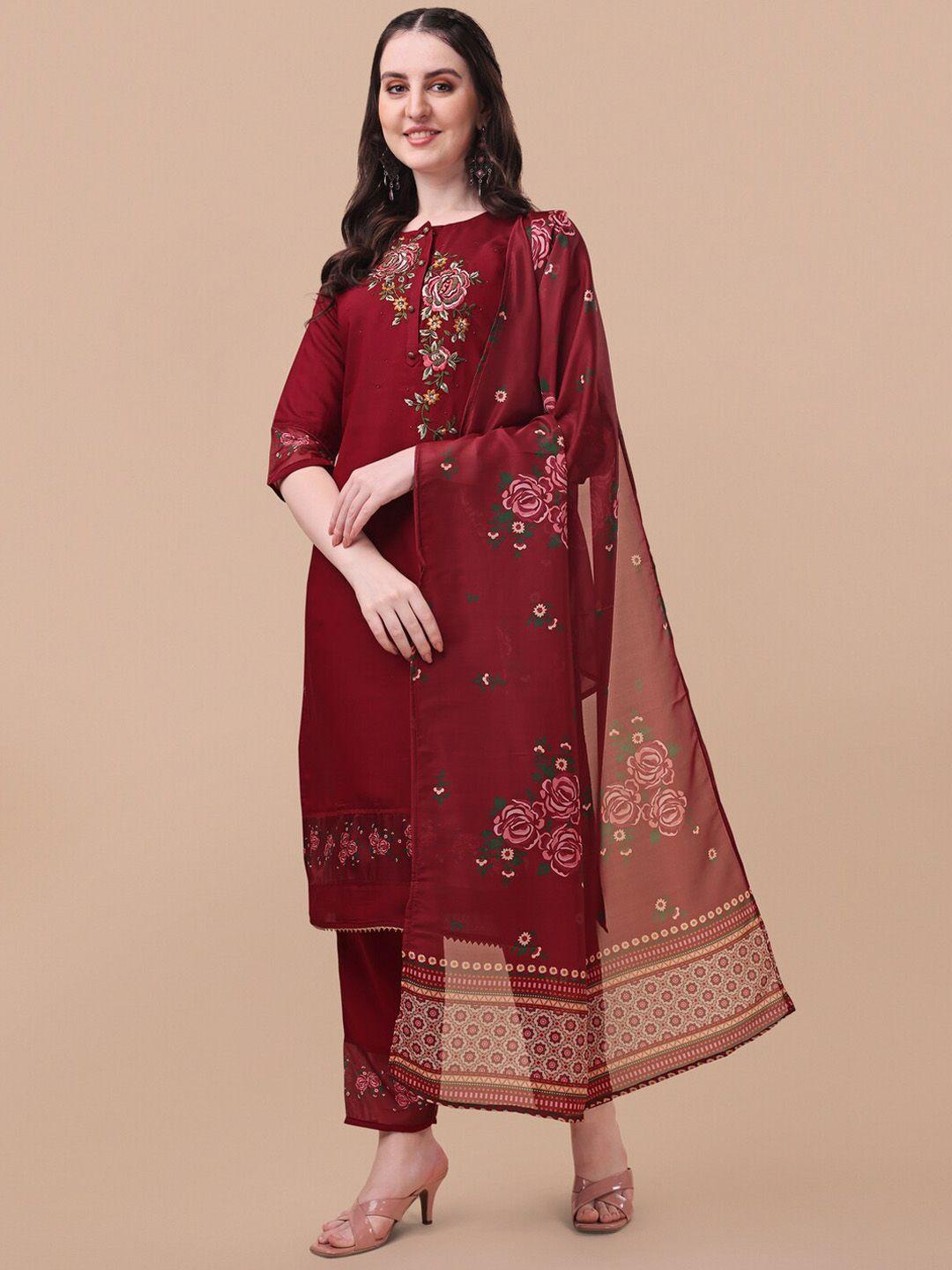 kalini floral embroidered chanderi cotton kurta with trousers & with dupatta