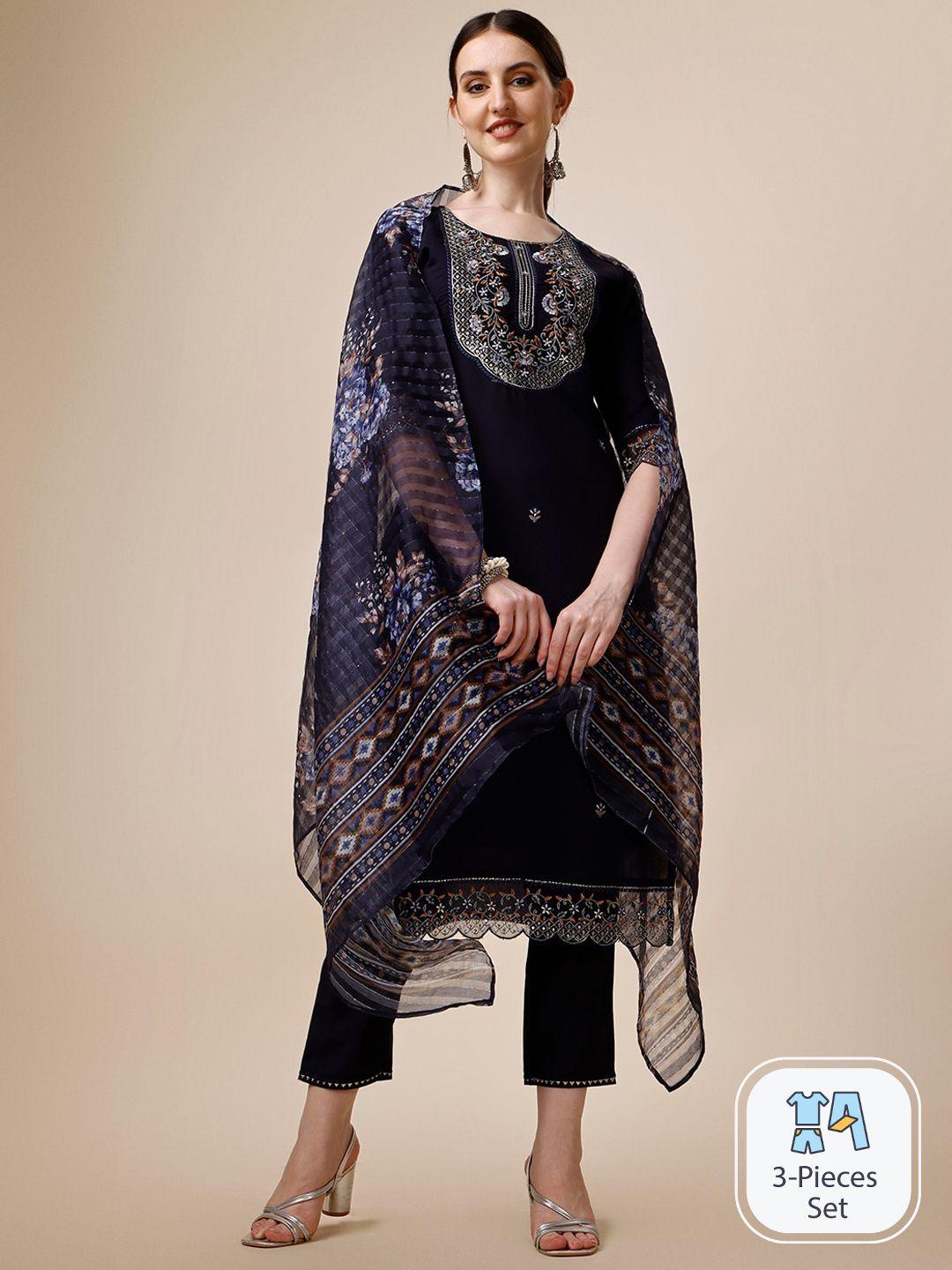 kalini floral embroidered chanderi cotton straight kurta & trousers with dupatta
