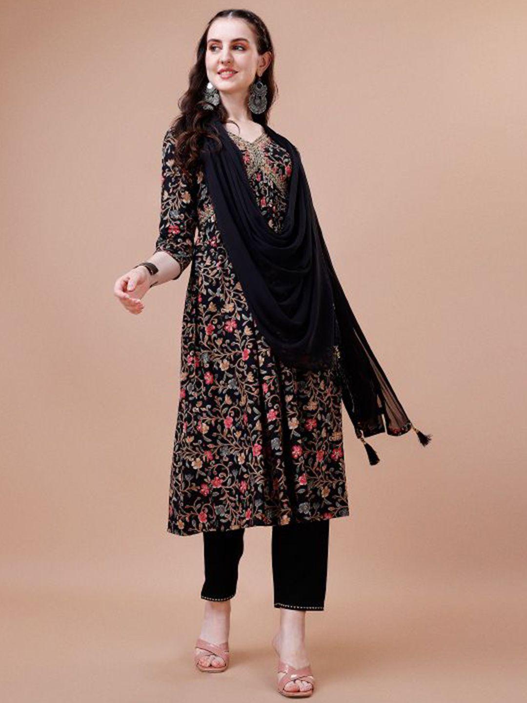 kalini floral embroidered empire kurta & trousers with dupatta