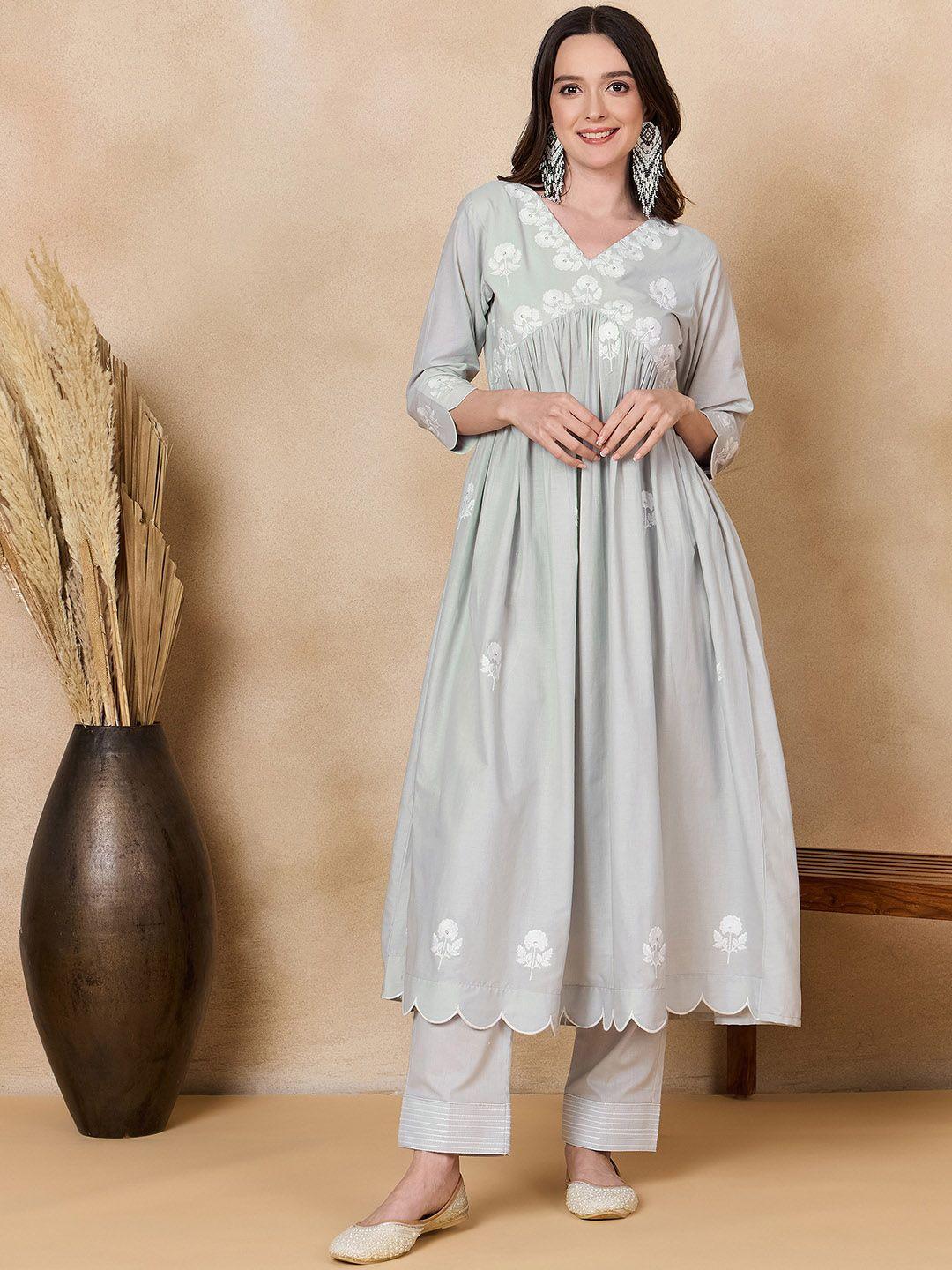 kalini floral embroidered empire thread work pure cotton kurta with trousers