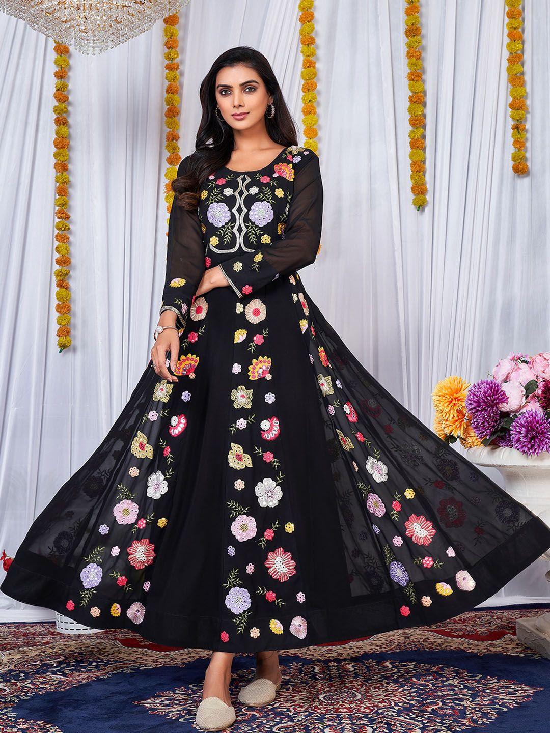 kalini floral embroidered georgette fit & flare maxi ethnic dress