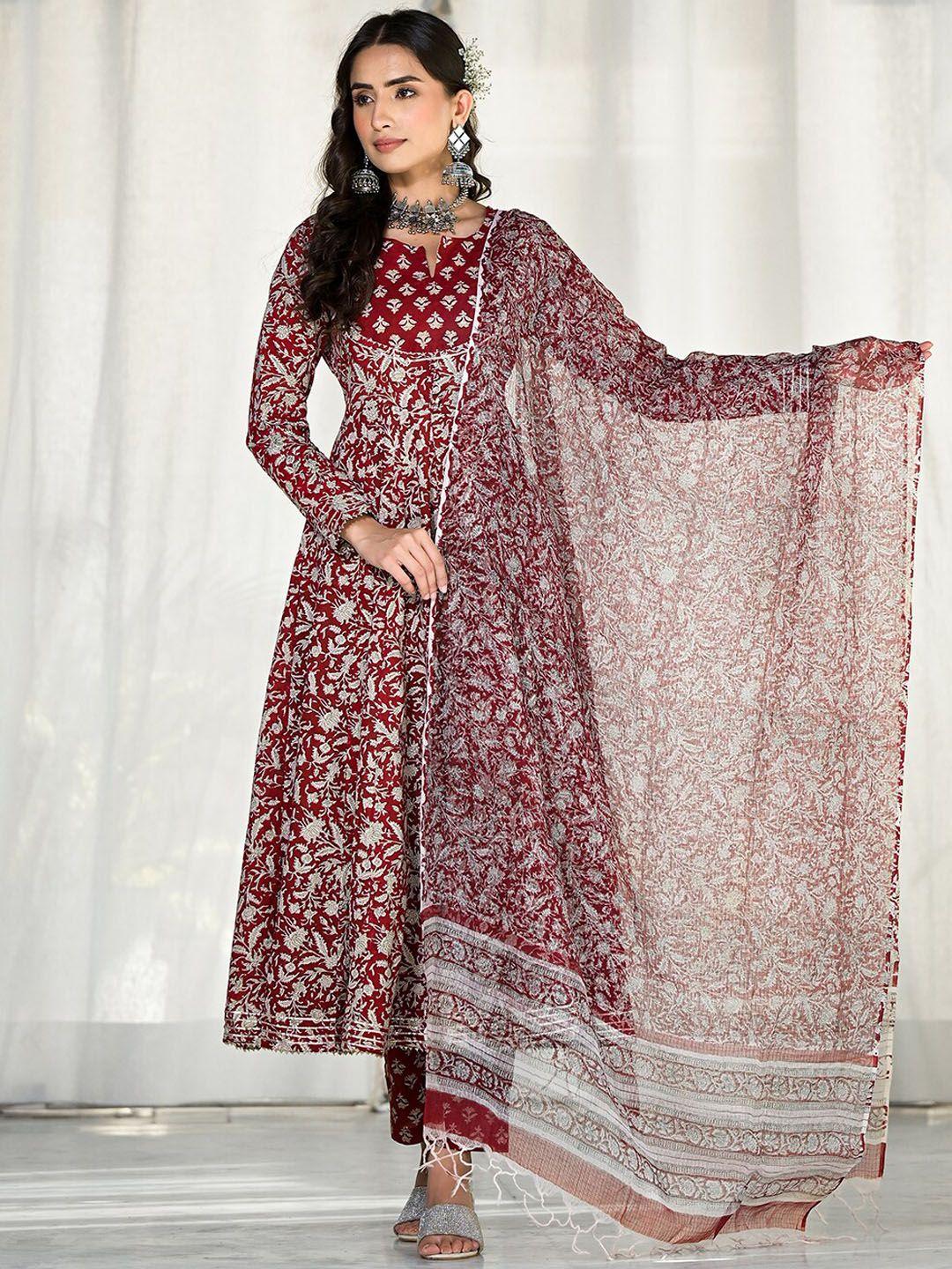 kalini floral embroidered gotta patti pure cotton anarkali kurta with trousers & dupatta