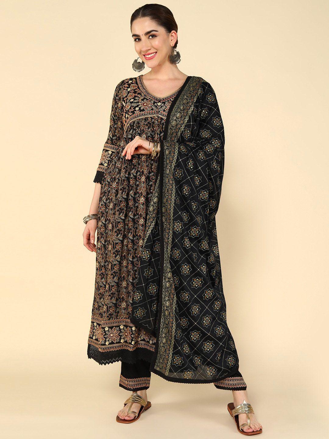 kalini floral embroidered high slit sequinned empire a-line kurta with trousers & dupatta