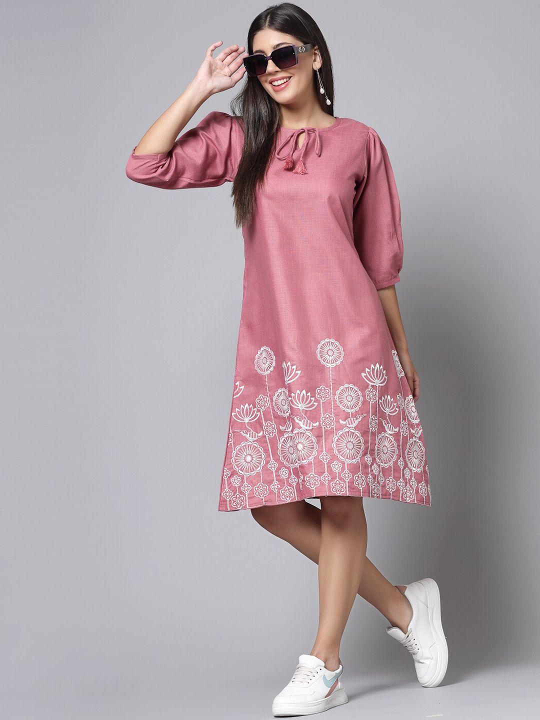 kalini floral embroidered keyhole neck pure cotton a-line dress