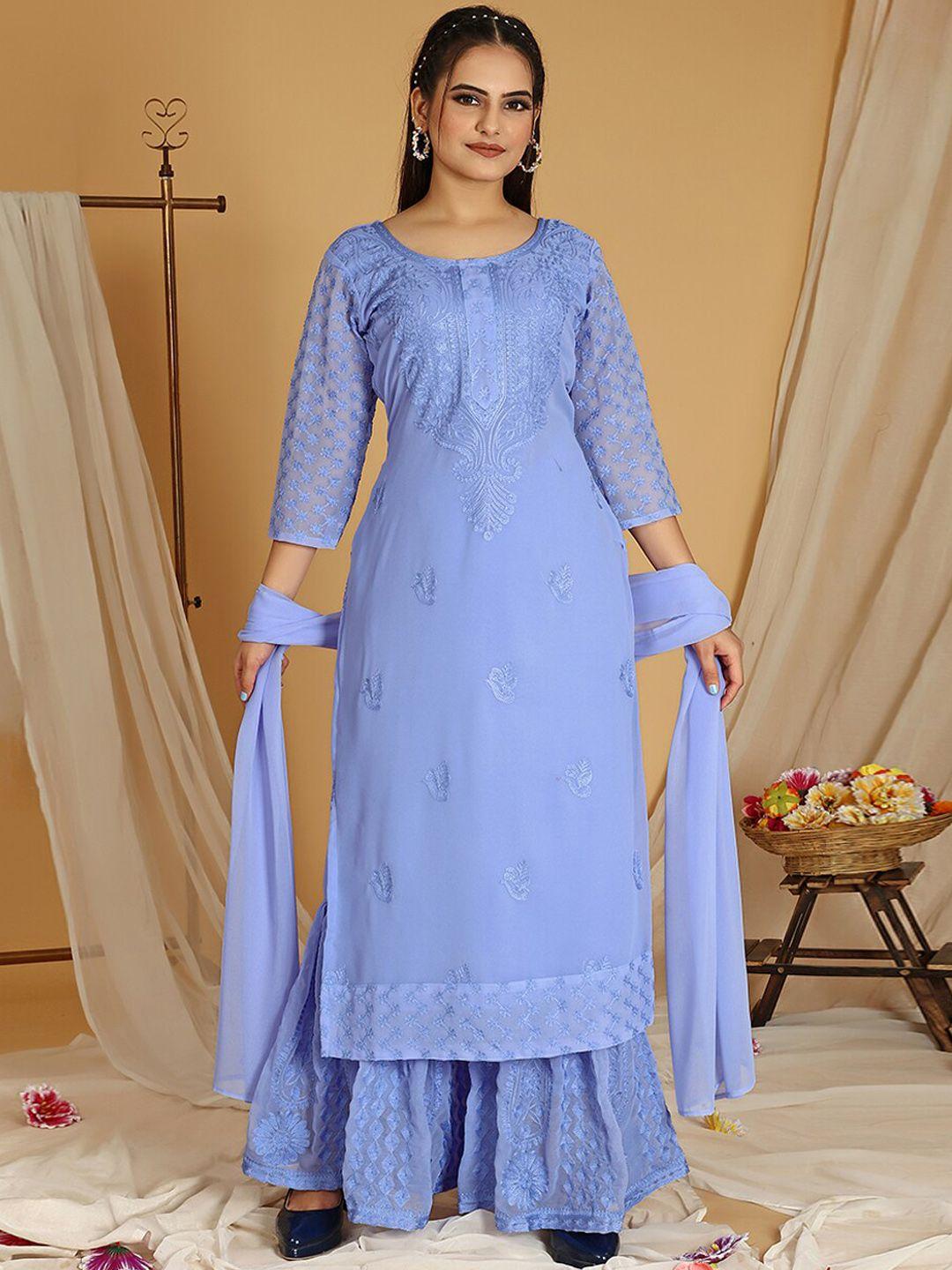 kalini floral embroidered kurta & sharara with dupatta